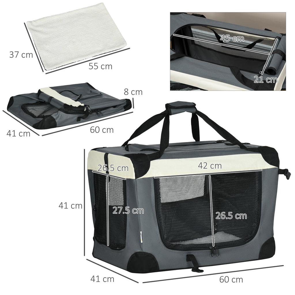 PawHut 60cm Foldable Pet Carrier, With Cushion, For Miniature Dogs And Cats - Grey