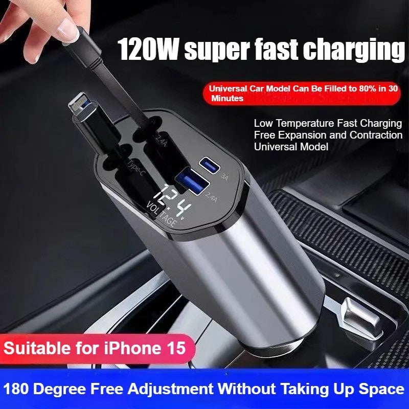 4IN1 120W Retractable Car Charger USB Type C Cable Fit Phone