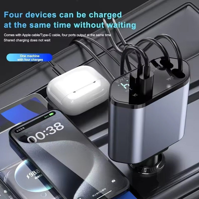 4IN1 120W Retractable Car Charger USB Type C Cable Fit Phone