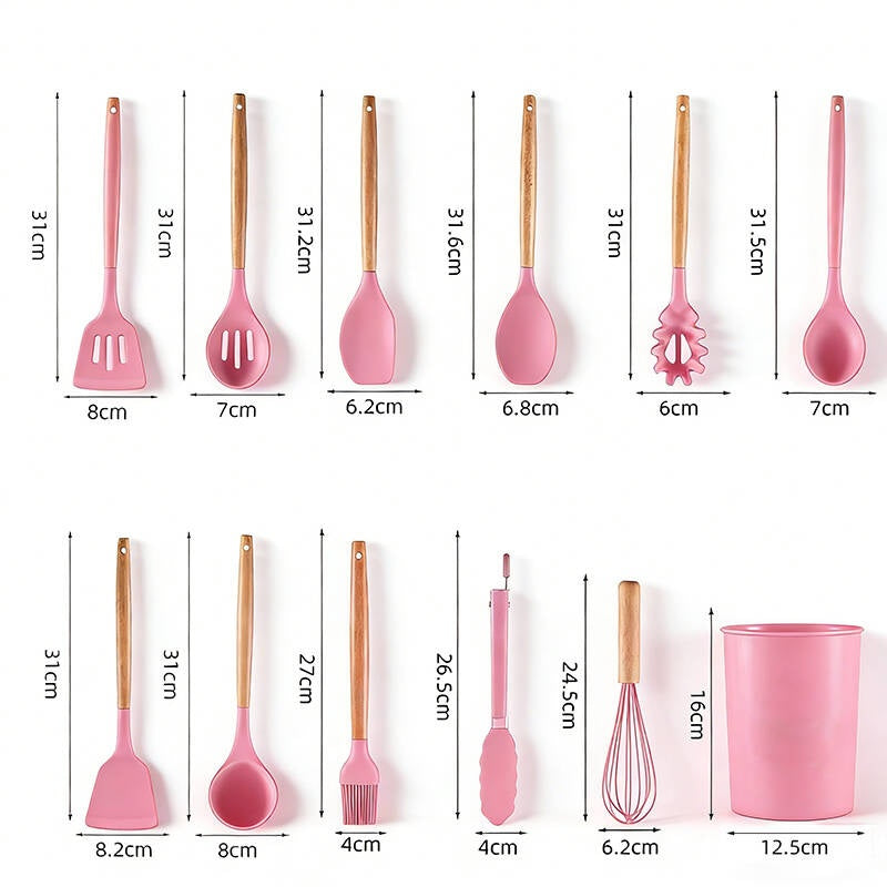 Kitchen Utensil Set 12 PCS Silicone Cooking Tools With Wooden Handle