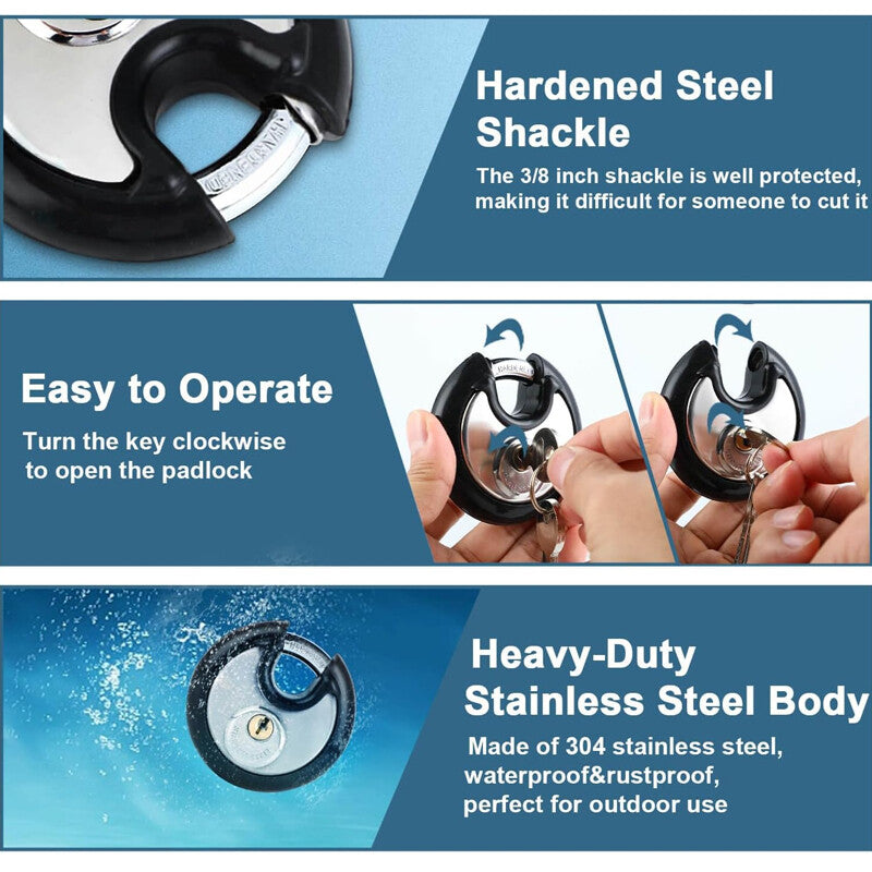 70 Mm Stainless Steel Heavy Duty Round Disc Padlock Secure Door Lock With Keys