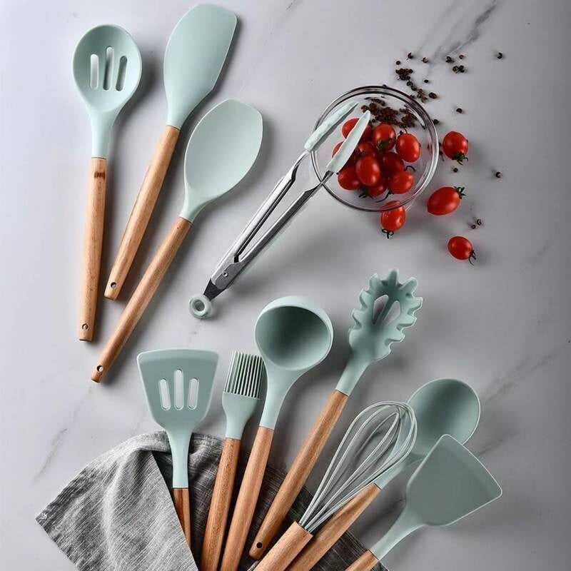 Kitchen Utensil Set 12 PCS Silicone Cooking Tools With Wooden Handle