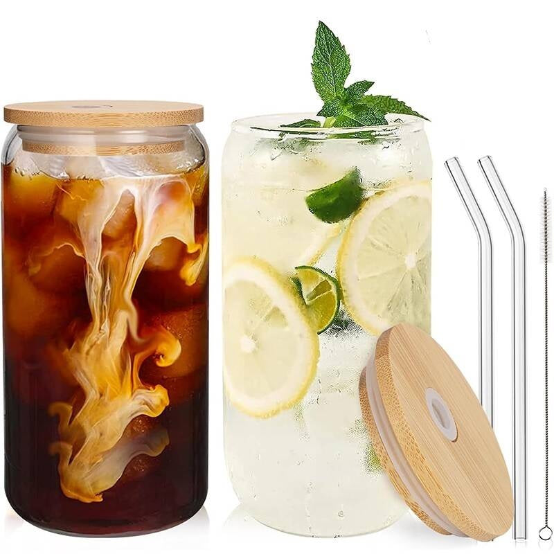 2pcs Glass Cups Set  Cups With Lids And Straw  Cleaning Brush 500ml