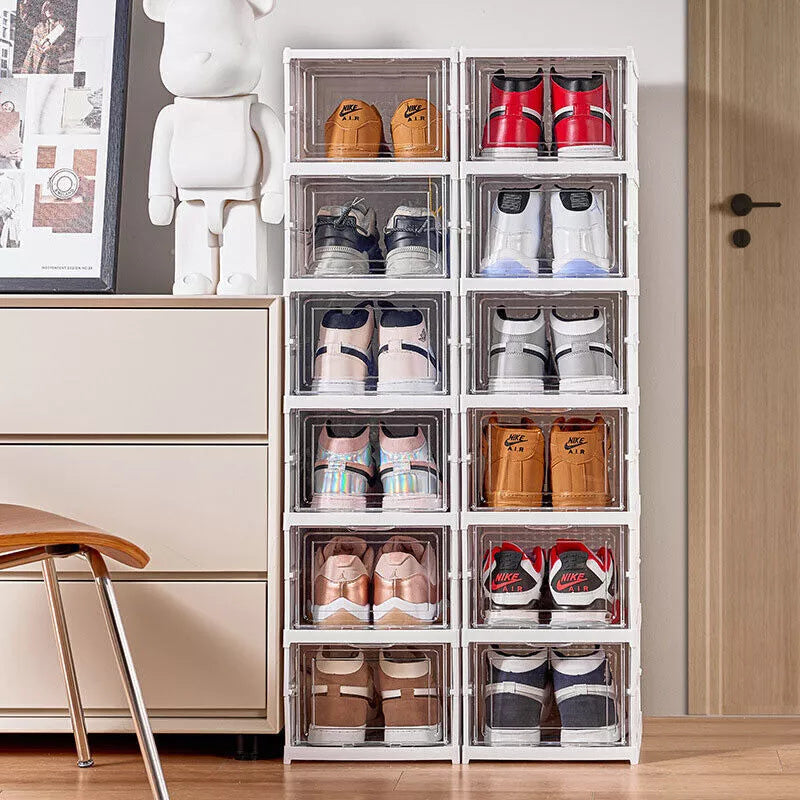 6 Tier Plastic Shoe Storage Box Stackable Foldable Boxes Trainers Organiser