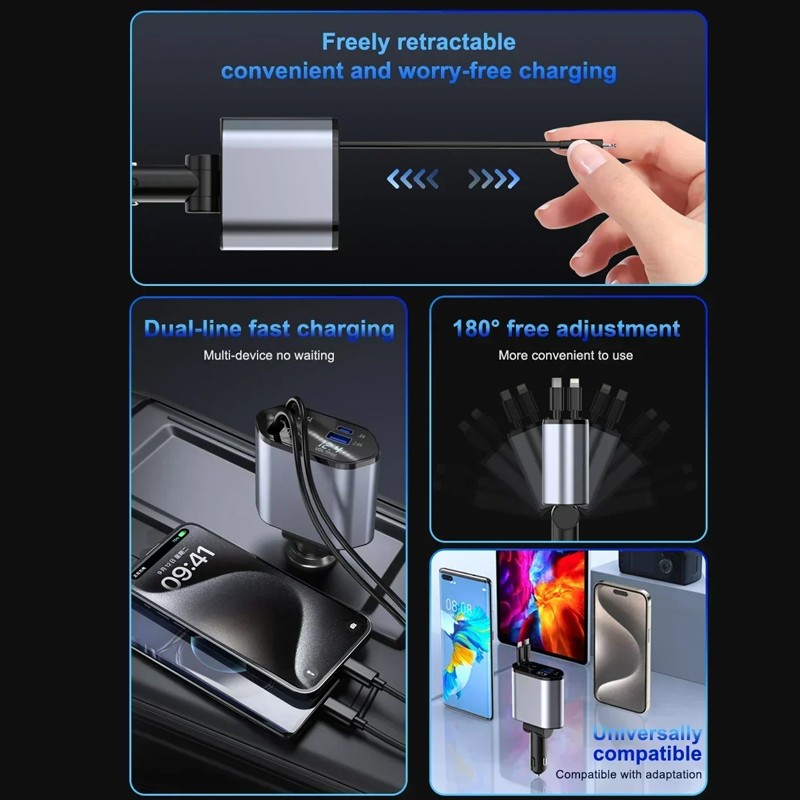 4IN1 120W Retractable Car Charger USB Type C Cable Fit Phone