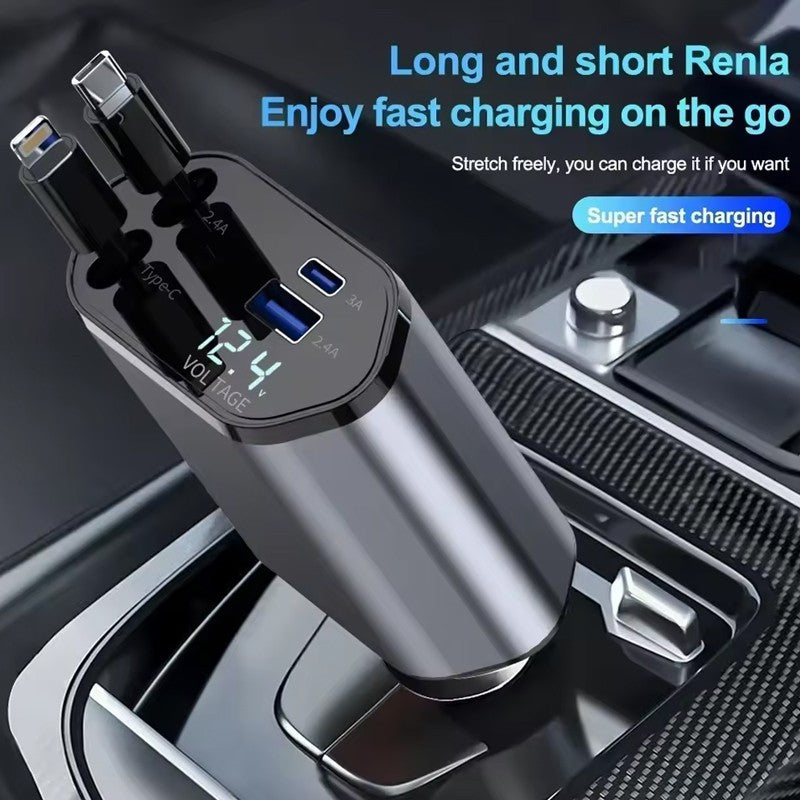 4IN1 120W Retractable Car Charger USB Type C Cable Fit Phone