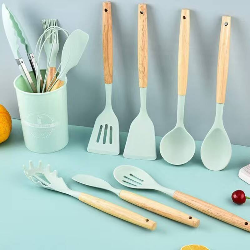 Kitchen Utensil Set 12 PCS Silicone Cooking Tools With Wooden Handle