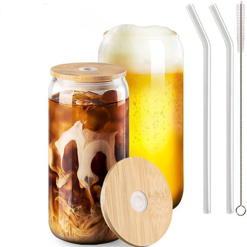 2pcs Glass Cups Set  Cups With Lids And Straw  Cleaning Brush 500ml
