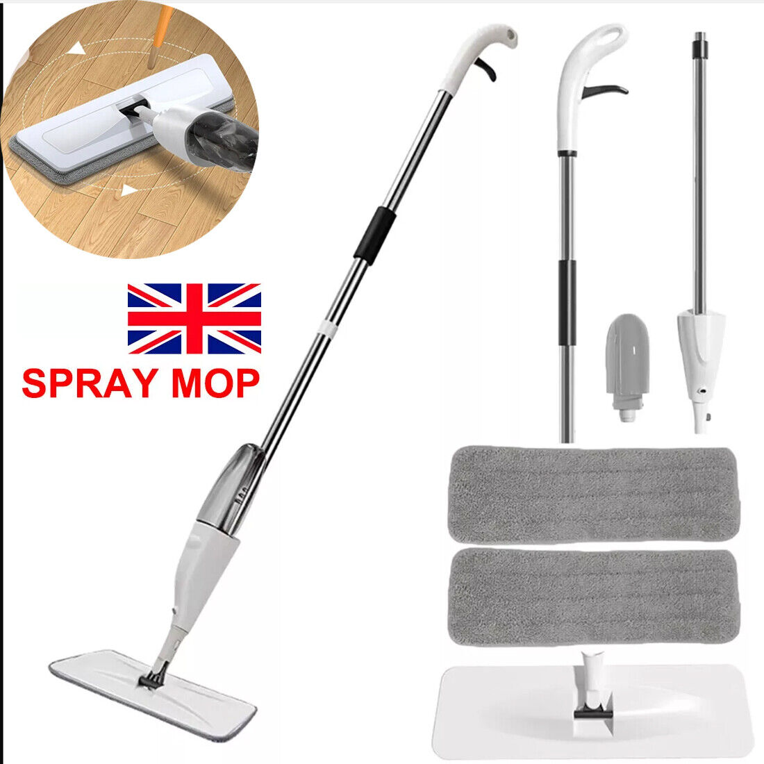 Spray Mop Microfibre Pad Floor Cleaning Mop For All Floor Types Bottle  2 Pads