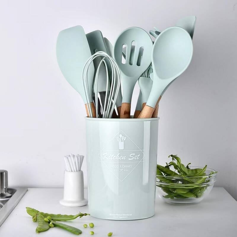 Kitchen Utensil Set 12 PCS Silicone Cooking Tools With Wooden Handle