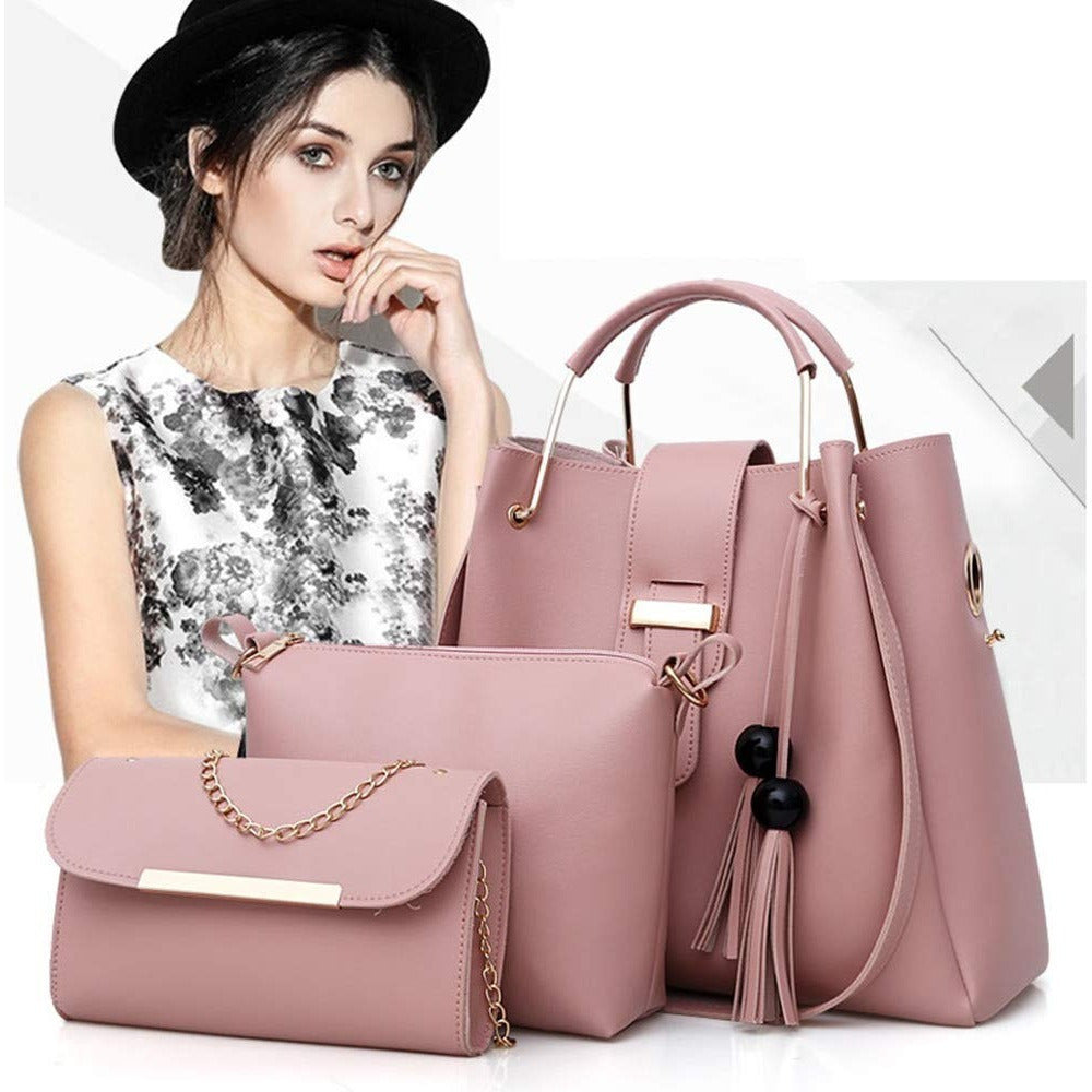 Womens Purse And Handbag 3Pcs Bag Set Tassel Tote Clutch Satchel