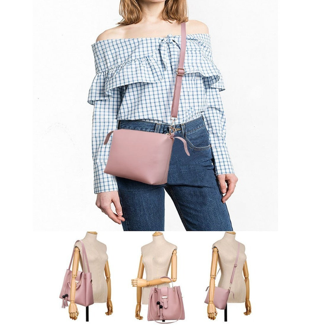 Womens Purse And Handbag 3Pcs Bag Set Tassel Tote Clutch Satchel